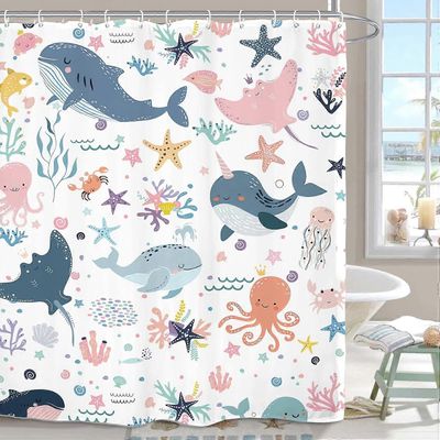 Linki Lasten merieläinten suihkuverho 60Wx72L tuumaa söpö valas valtameri sarjakuva vedenalainen kala mustekala merenalainen lastentarha kylpyhuone...