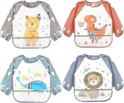 5 kpl pitkähihaisia ruokalappuja, vedenpitävähihainen ruokalappu, taaperoiden ruokalaput 6-36 kuukaudeksi 4kpl-karhu-dinosaurus-valas-leijona Closu...