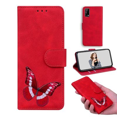 Etui til Realme Narzo 30 Pro 5g / V5 5g Butterfly Cover Premium Læder Magnetisk- Pink Rød