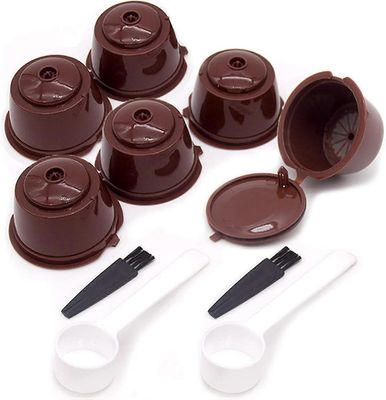 6 kpl pakkaus Dolce Gusto uudelleenkäytettävälle uudelleentäytettävälle kahvikapselin suodatinkupille, jossa on 2 kahvilusikkaa ja 2 harjaa