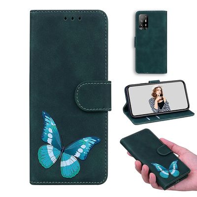 Etui til Oppo Reno 6z / Reno 5z Butterfly Cover Premium Læder Magnetisk- Pink Grøn