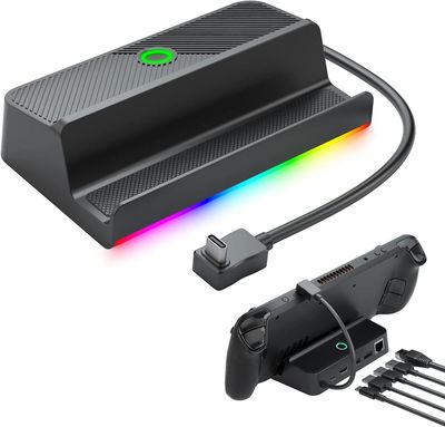 Dokkingstasjon for Steam Deck, 5-i-1-hub Steam Deck-dokk med HDMI 2.0-4k@60hz, 100 Mbps Ethernet, dobbel USB-A 2.0 og 100 W USB-C-ladeport Med RGB-lys