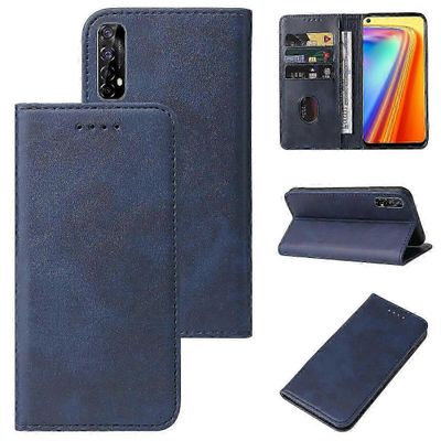 Realme 7 4G / RMX2155 magneettinen suljin aitoa nahkaa älypuhelimen kuori Sininen