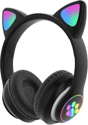 Snngv Barnhörlurar Kattöron LED-belysning Bluetooth vikbara trådlösa spelhörlurar för barn Vuxna Inbyggd mikrofonbrusreducering över Svart