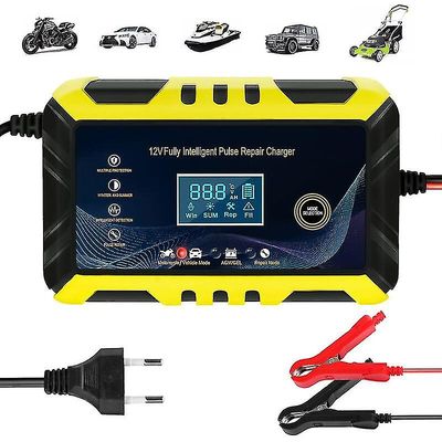 Stntv Bilbatterilader 12v / 6a smart batterilader, LCD-skjerm, batteriladervedlikeholder, svart / gul