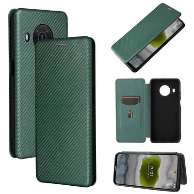 Nokia X10 hiilikuitutekstuuri vaakasuunnassa käännettävä TPU + PC + PU nahkakotelo korttipaikalla Vihreä