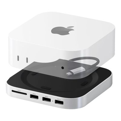 Satechi Telakointiasema Mac Mini 2024:lle, jossa USB C HUB ja SSD-tallennustila, hopea