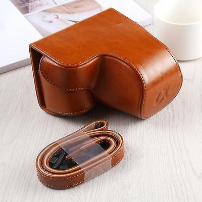 helkroppskamera pu skinnveske med stropp for Sony A6400 / Ilce-a6400 (brun)