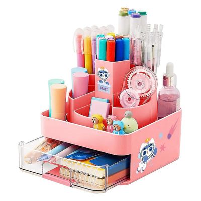 Roterende pen, blyantholder, skrivebordsorganisator, blyantpotter, makeupbørsteholder med 11 rum til Pink