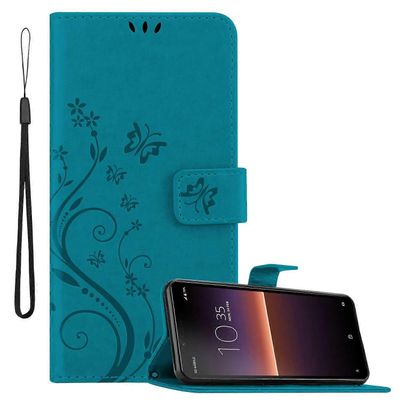 Sony Xperia 10 II -suojakotelo - kukkakuviolla ja korttipaikalla KUKKA SININEN