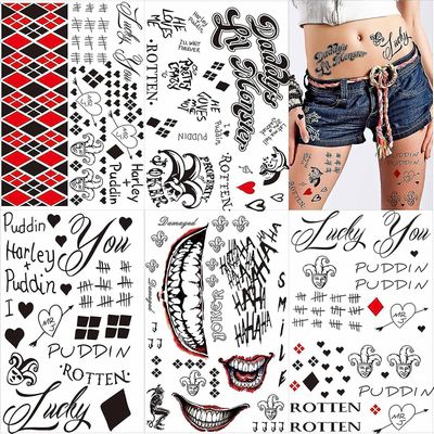 Heytea Suurikokoiset tatuoinnit Suicide Squad Joker Harley Quinnille, 5 arkkia Väliaikaiset tatuointitarrat Harley Quinn Jokerille täydellinen