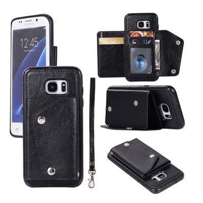 For Samsung S7 Edge lommebok bakdeksel, PU skinnveske med kortholder telefonveske Svart
