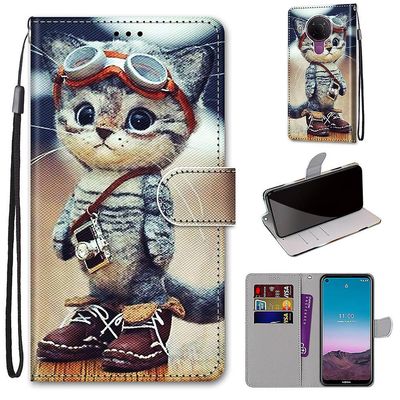 Foxdock Sag til Nokia 5,4 Creative Mønster Tui magnetiske kort Holder Tegnebog - Kitten