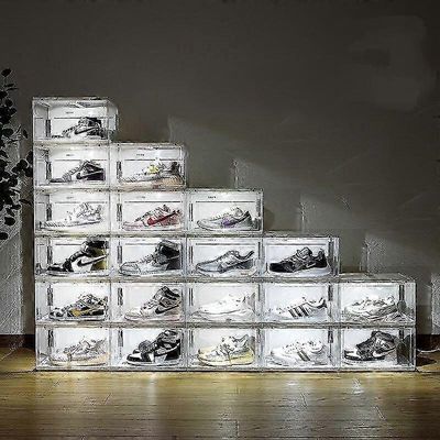Ääniaktivoitu LED-valaistu kirkas muovinen magneettinen kenkälaatikko, kolmivaihteinen säätötila, pinottava ja taitettava kenkälaatikko (läpinäkyvä...
