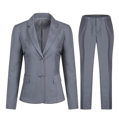 Kvinders 2 Piece Office Lady Jakkesæt Sæt Slim Fit Blazer Pant Lys grå XS