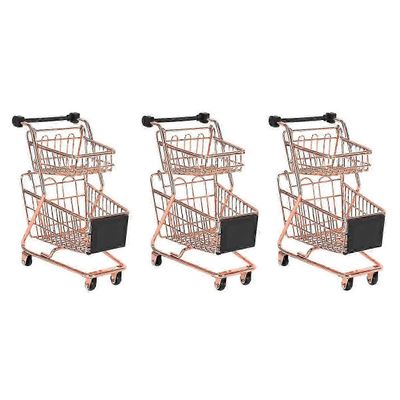 Kaksitasoinen taitettava metallinen ostoskärry ruusukultaviimeistelyllä, takorautainen kompakti säilytyskärry Ruusu kullan