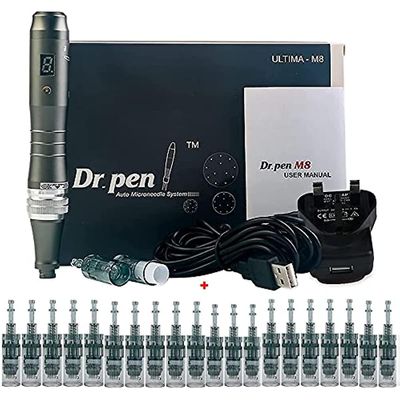 Dr Pen Ultima M8 Professional Microneedling Pen - Anti-aging Electric Auto Derma Pen - Hudplejeværktøjssæt med 22stk nålepatroner (16pins X12+ 3