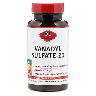 Olympian Labs vanadyylisulfaatti, 20 mg, niasiinilla 100 korkkia (pakkaus 1)