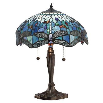 Interiors 1900 Lighting Dragonfly 2 Lys Medium Bordlampe Mørk Bronze, Blå, Tiffany Stil Glas, E27