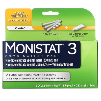 Monistat, 3-dagars kombinationsförpackning, 3 äggstocksinsatser, 2,5 g vardera + 0,32 oz (9 g) rör