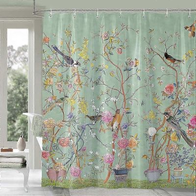 suihkuverho vihreä homeenkestävä vedenpitävä lintukukka kylpyhuoneen verhot nopeasti kuivuvat painotettu 180x180cm (71x71 tuumaa) vihreä lintu kukka