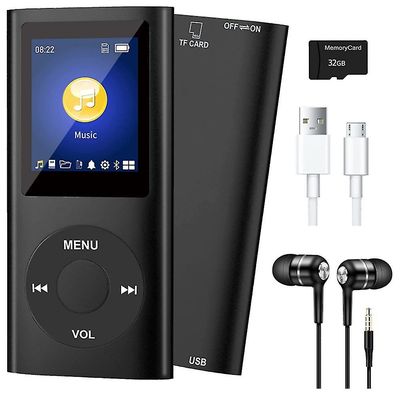 MP3-spiller med Bluetooth 5.0, musikkspiller med 32GB TF-kort, fm, øretelefon, bærbar Hifi musikkavspilling Svart