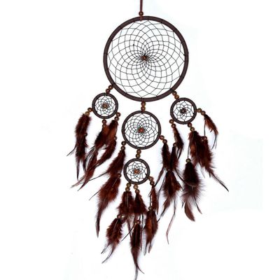 unelmasieppari Dreamcatcher helmillä ja todellisilla höyhenillä Ruskea - 11 cm