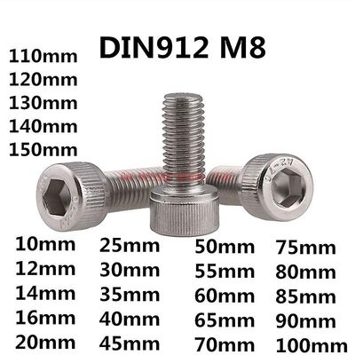 Din912 M8 metrisk gevind 304 rustfrit stål hex socket head cap skruebolte M8 *(10/12/14/16/20/25/30/35/40/45/50/55/60 ~ 150) mm