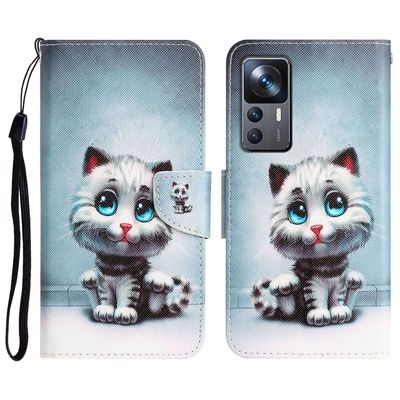 For Xiaomi 12T 5G / 12T Pro 5G / Redmi K50 Ultra 5G Cross Texture PU Leather Shockproof Cover Pattern Printing Flip Stand Wallet Case Blå øyne katt