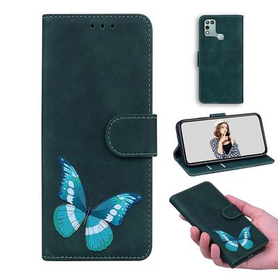Etui til Infinix Hot 9 Play Butterfly Cover Premium Læder Magnetisk- Pink Grøn