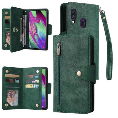 Foxdock Yhteensopiva Samsung Galaxy A40 Case PU -nahkaisen magneettisen käännettävän vetoketjullisen kortinhaltijan lompakon kannen kanssa Vihreä