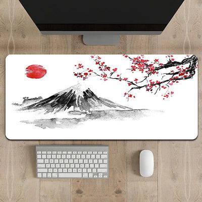 XXL Hvit spillmusematte 800 x 300 mm Japan Blekkmaling Mountain Sakura Sun Mountain Fuji musematte Store sydde kanter Vanntett sklisikker for PC