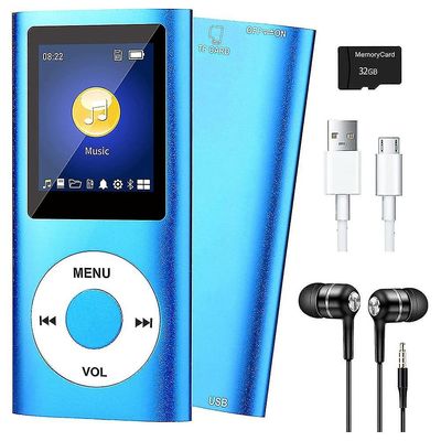 MP3-spiller med Bluetooth 5.0, musikkspiller med 32GB TF-kort, fm, øretelefon, bærbar Hifi musikkavspilling Blå