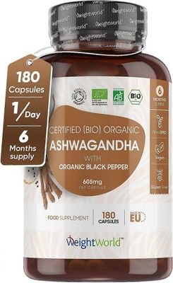 WeightWorld Luomu Ashwagandha High Strength - 180 kapselia (6 kuukautta) mustapippurilla - Iso-Britannian sertifioitu