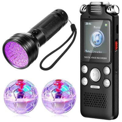 Ghosthunting-varustesarja 1 digitaalinen äänitallennin 2 LED-valoa lemmikkikissapallot ja 1 UV-salama Kuten