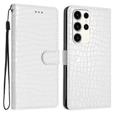 Yhteensopiva Samsung Galaxy S24 Ultra -kotelon kanssa Crocodile Texture Folio Flip PU -nahkainen puhelimen kansi Valkoinen