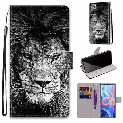 Foxdock Sag for Xiaomi Poco M4 Pro 5g Creative Pattern Tui magnetisk kortholder tegnebog - Lion
