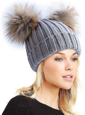 Pilk kvinners vinter dobbel pom pom lue fleece foret bobble lue strikket faux pels pom