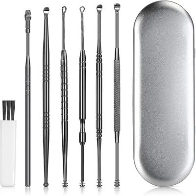 Linkrunning Ørevoksfjernelsessæt - Ørestikkerværktøjer Rustfrit stål 6 i 1 øreske-curette (med beskyttende polstret kasse) Sort As shown