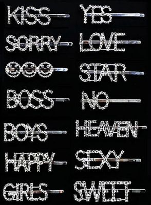 Baicccf Word Hair Clips naisille, 15 kpl Crystal Letter Hair Pins naisille, Strassi KYLLÄ Ei HAPPY KISS SORRY BOSS ja muut Letter Hair Barrette nai...