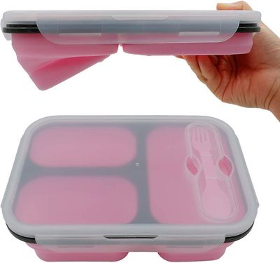 Ubiuo Kokoontaitettava silikoninen bentonisäiliö, tiivis lounasrasia, jossa on 3 osastoa, Bpa Free Safe Food Storage Organizer (vaaleanpunainen)