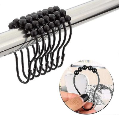 Sarja 12 ruostumattomasta teräksestä valmistettua suihkuverhokoukkua kiillotetuilla metallipalloilla kylpyhuoneeseen musta