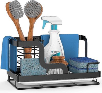 Yuntianzun Vask Caddy Svampholder, Kjøkkenvask Arrangør For Dish Rag Såpe Børste, oppvaskklut holder med avløpspanne 304 rustfritt stål (svart)
