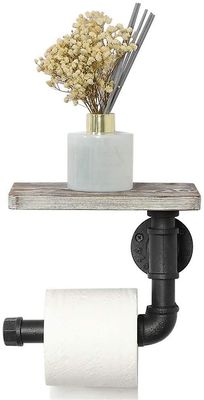 Xqday Vægmonteret toiletpapirholder med træhylde, industriel stil, jernrør