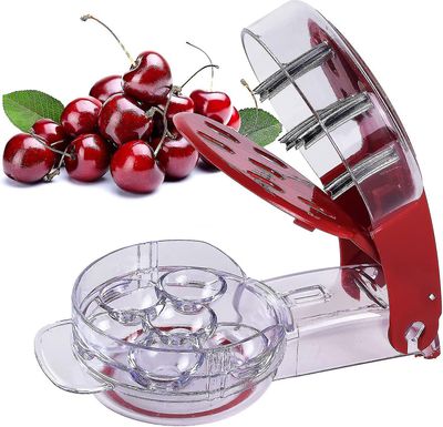 Cherry Pitter, Ruostumattomasta teräksestä valmistettu useita kirsikansiemeniä, mehusäiliö 6 kirsikoita (punainen)