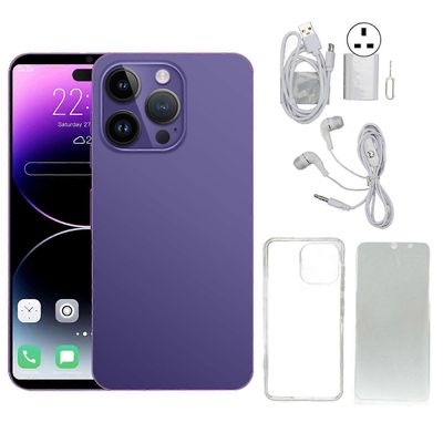 I14 Pro Max 6.1 tuuman matkapuhelin Androd 11.0: lle 4GB 64GB älypuhelintuki 5G kaksikaistainen WiFi 7000mAh akulla 100240V violetti UK Plug