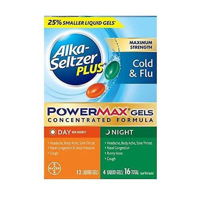 Alka-Seltzer Plus Maximum Strength Cold &; Flu PowerMax geelit päivällä ja yöllä, 16 kapselia