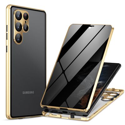 Frusde Personvern magnetisk deksel kompatibel med Galaxy S23 Ultra, dobbeltsidig metall støtfanger beskyttelsesdeksel Gull For Galaxy S23 Ultra
