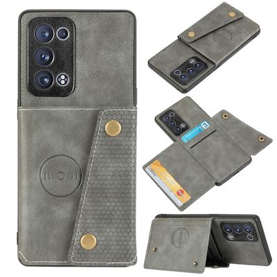 OPPO Reno6 Pro+ 5G kaksoissolki PU + TPU iskunkestävä magneettinen suojakotelo korttipaikalla ja pidikkeellä Harmaa