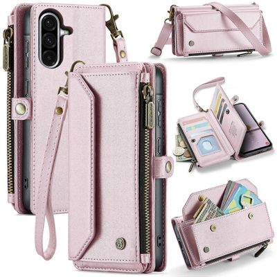 Samsung Galaxy A56 5G Nahkakotelo CASEME C36 Vetoketju 10 Korttipaikkaa Puhelimen Kansi Hihnoilla - Pin Monivärinen Pink